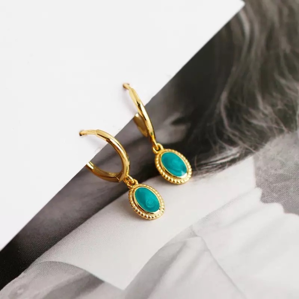 New 18K Gold Vermeil Sterling Silver 925 Green Hoops earring set